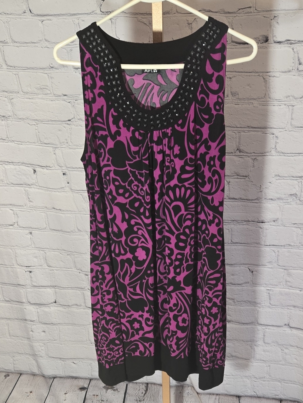 Apt. 9 Purple and Black Sleeveless Midi Dress with Embellished Neckline